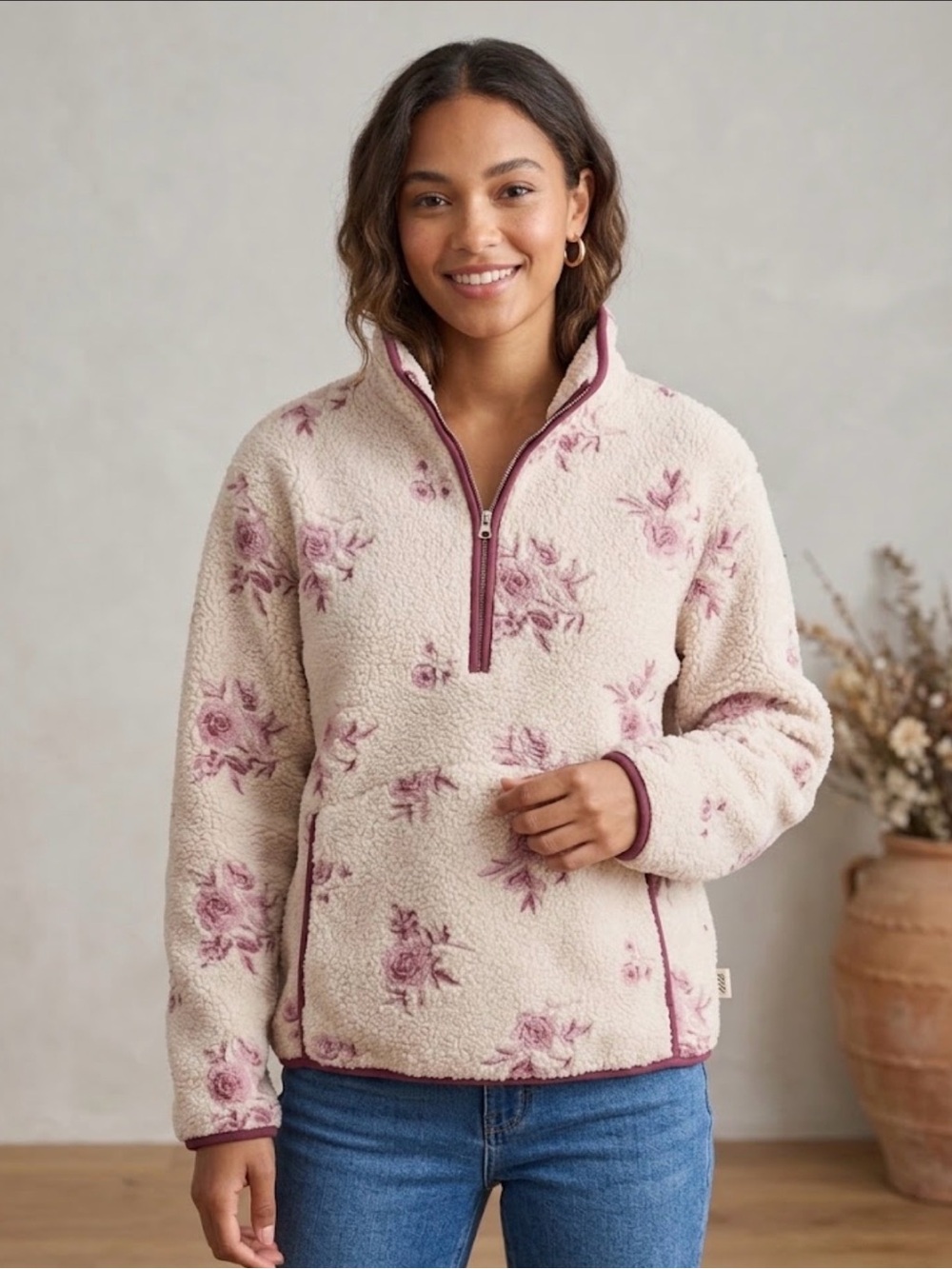 House of Harlow 1960 Floral Sherpa Quarter-Zip Jacket